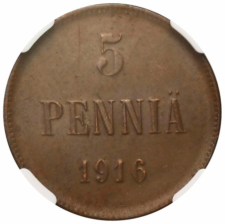 Rosja / Finlandia. Mikołaj II. 5 Penni, 1916 NGC MS 63 BN